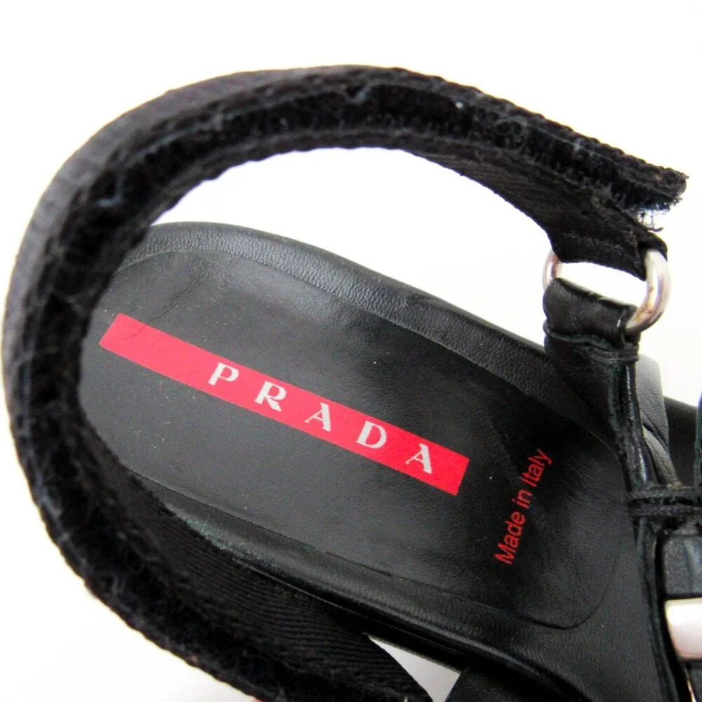 PRADA 90’s VINTAGE Black Sporty Open Toe Platform Sandals W/Metal Buckles Size-9